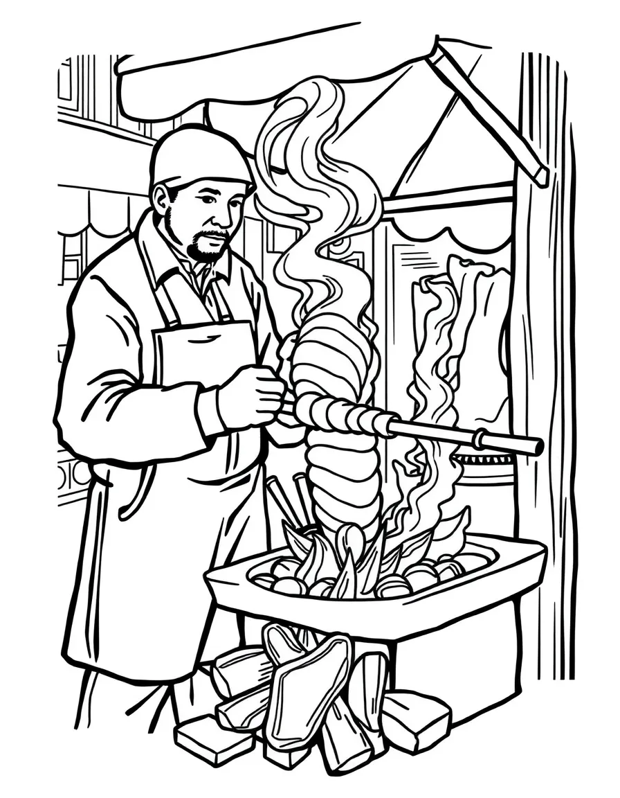 (Hungary) A street vendor making kürtőskalács (chimney cake) by wrapping dough around a rod over hot coals
