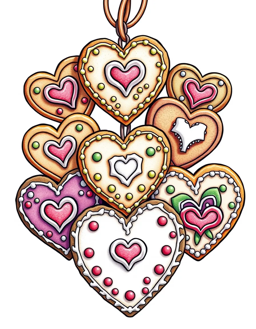 (Hungary) Decorated gingerbread hearts (mézeskalács) with colorful icing, sold at a fair