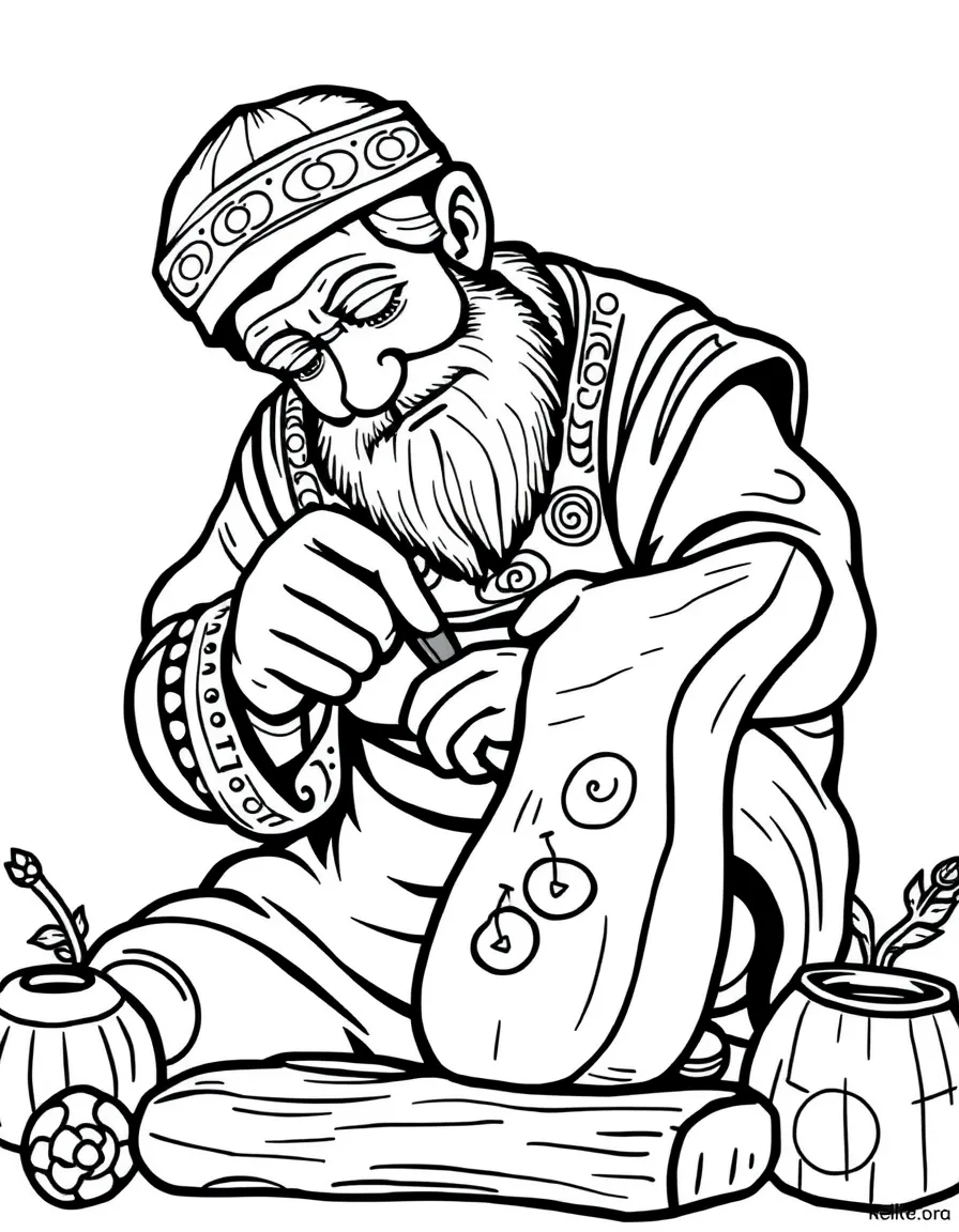 (Hungary) A craftsman carving a wooden folk toy or carving with traditional designs