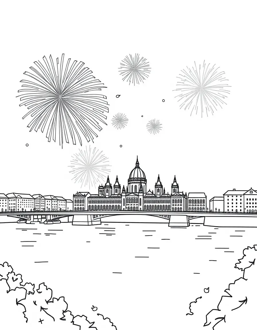 (Hungary) Fireworks over the Danube River celebrating Hungary’s national day (St. Stephen’s Day)