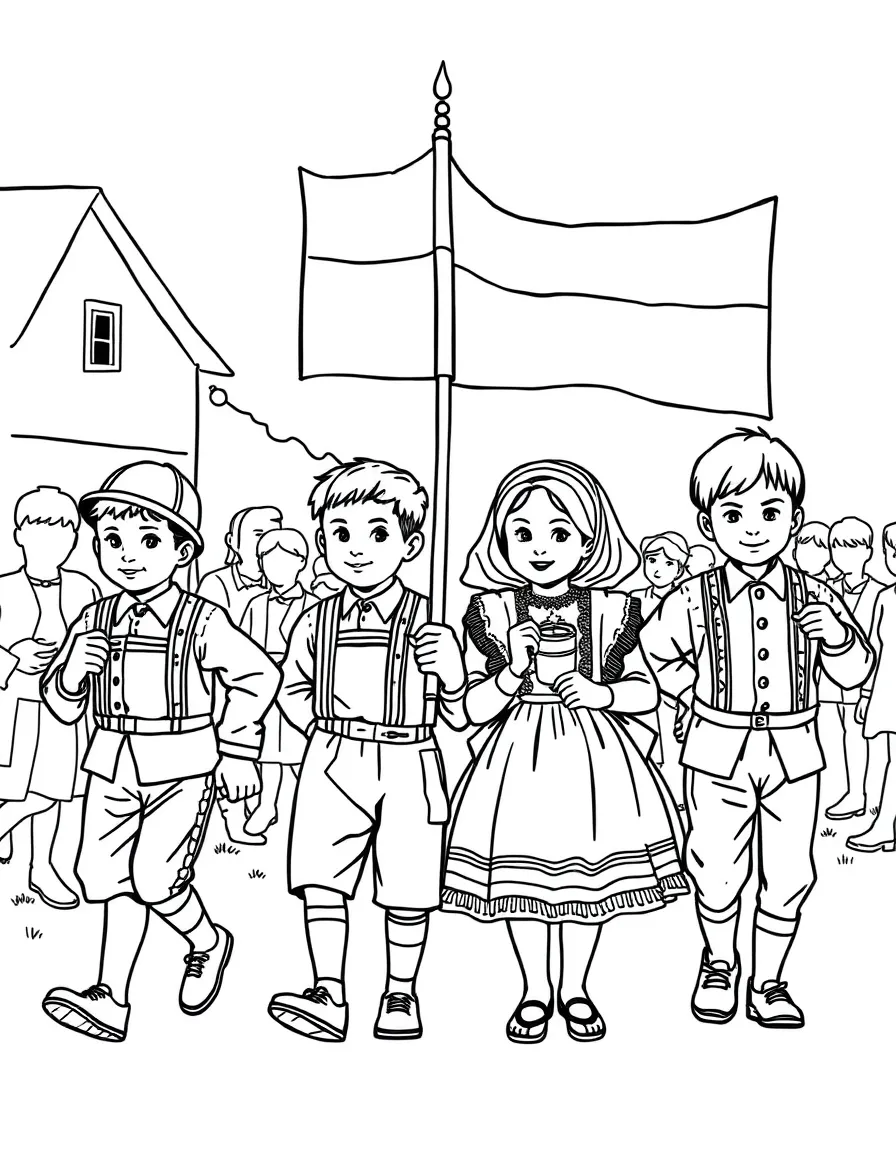 (Hungary) Boys and girls in traditional dress marching with a banner for a village festival