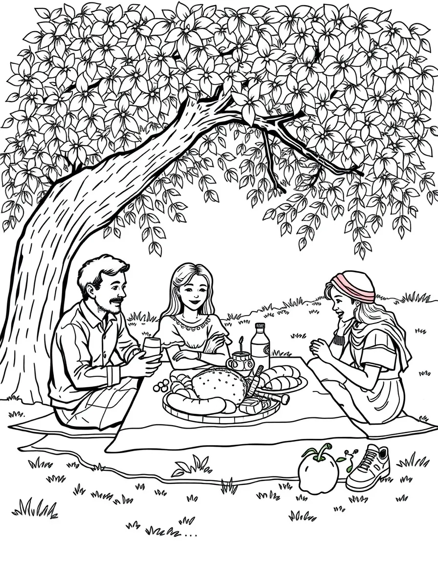 (Hungary) A family picnicking under a tree with Hungarian sausages, bread, and paprika
