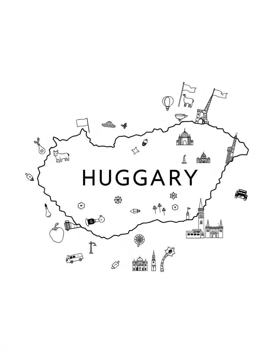 (Hungary) A map of Hungary with small drawings of iconic items (like flag, paprika, and landmarks) around it
