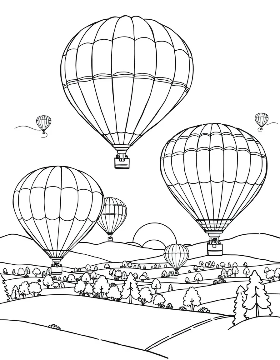 (Hungary) Hot air balloons flying over the countryside at sunrise (like in a festival event)