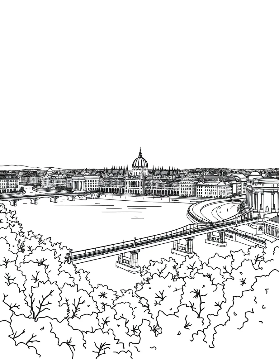 (Hungary) A panoramic view of Budapest with the Danube, bridges, and skyline