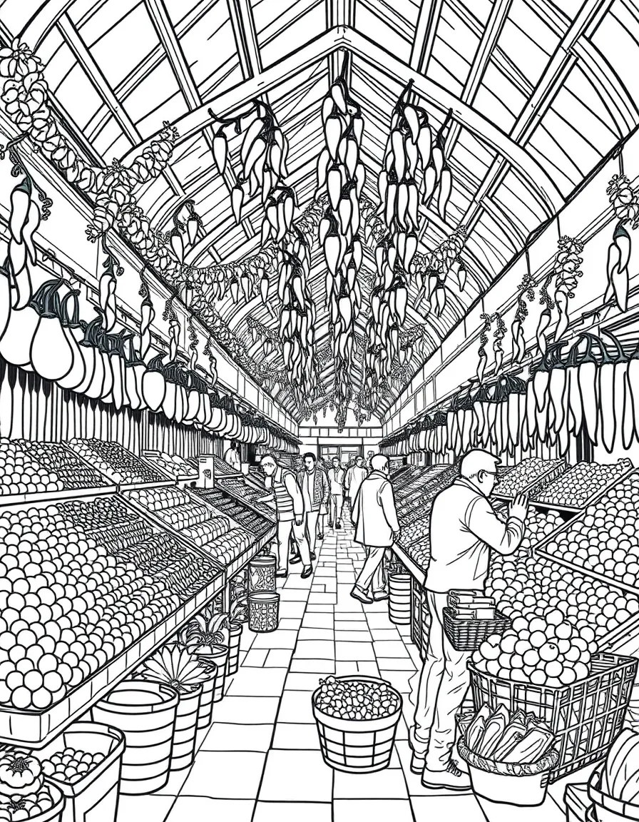 (Hungary) A bustling Budapest market hall with stalls of fruits, vegetables, and hanging paprika garlands