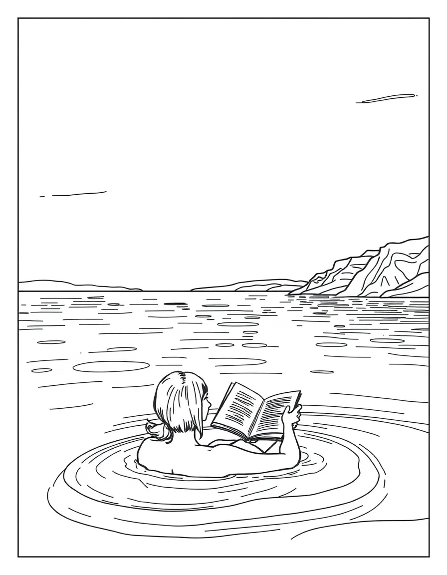(Israel) A view of the Dead Sea with a person floating on the salty water reading a book