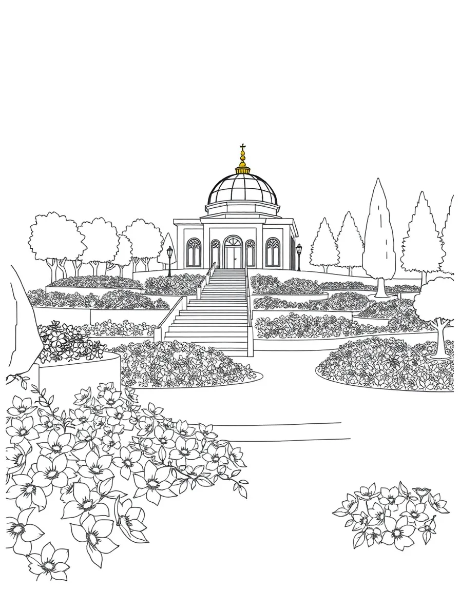 (Israel) The Baháʼí Gardens in Haifa with terraces of flowers and a golden-domed shrine