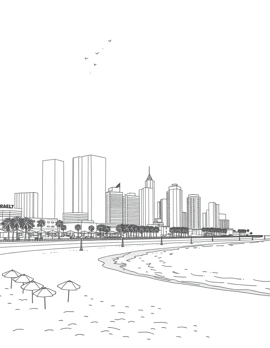 (Israel) The modern Tel Aviv skyline with tall buildings and a sunny beach with umbrellas