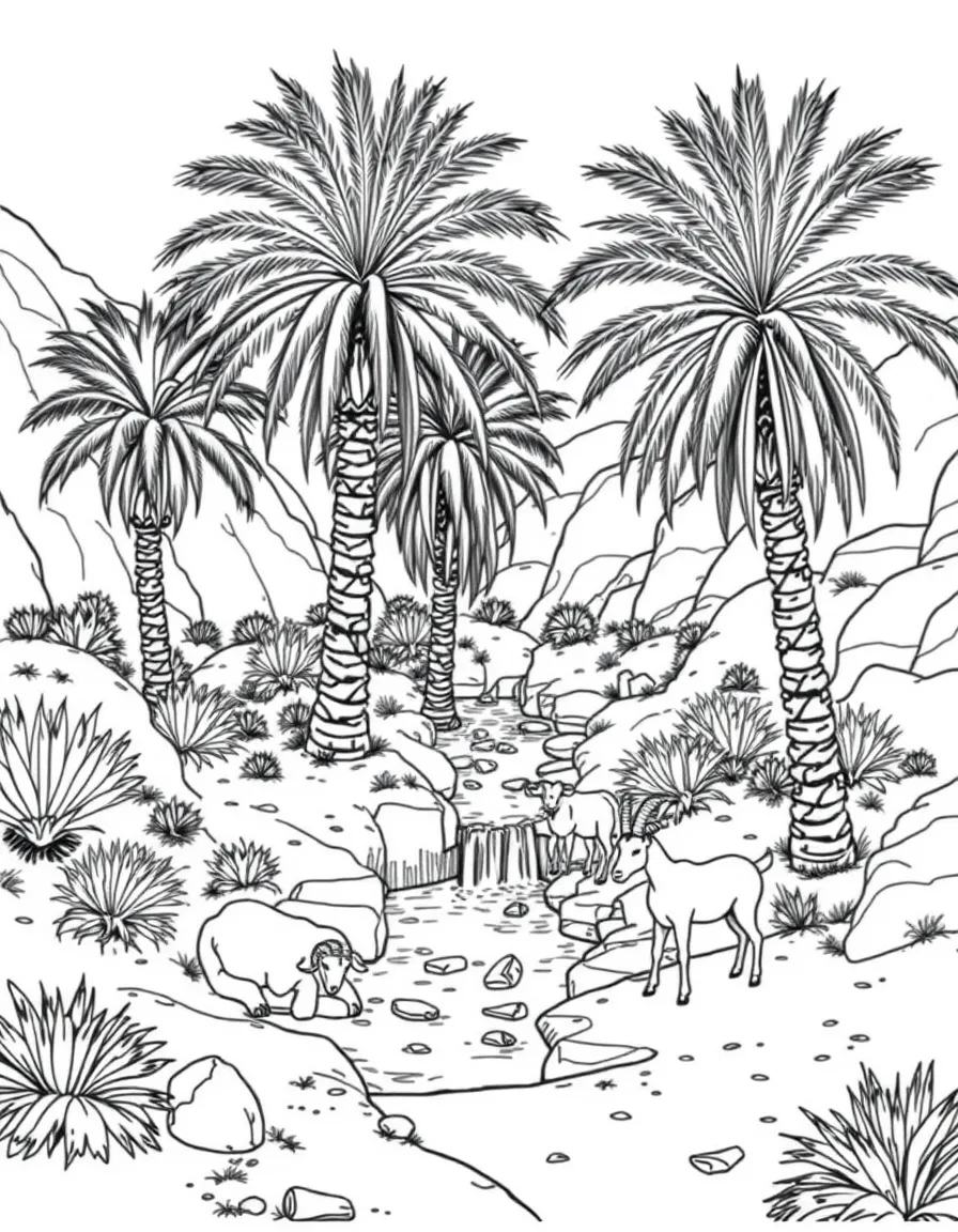 (Israel) A date palm oasis at Ein Gedi with a small waterfall and ibex (wild goats) nearby