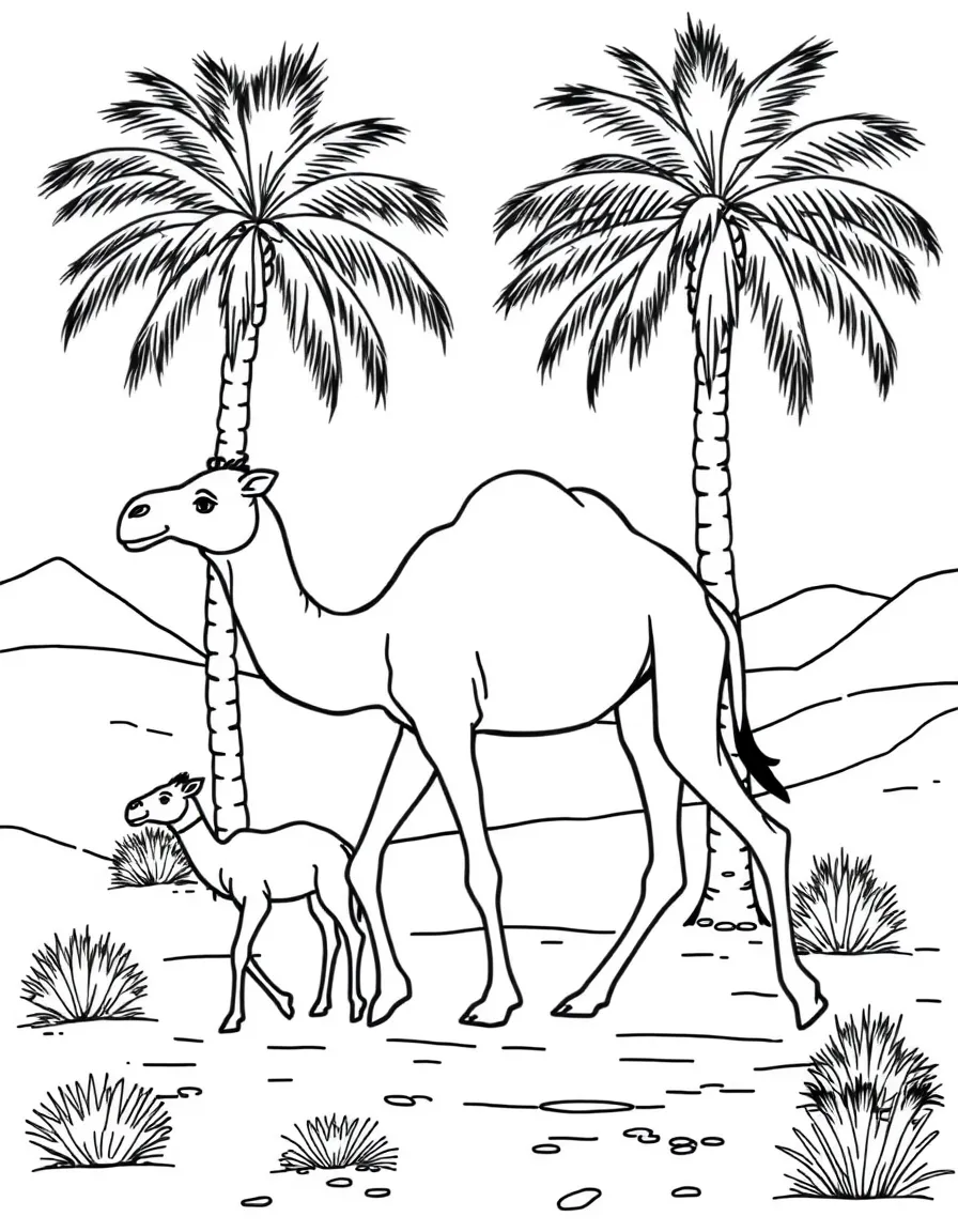 (Israel) A mother camel with her calf walking near palm trees in the Negev desert