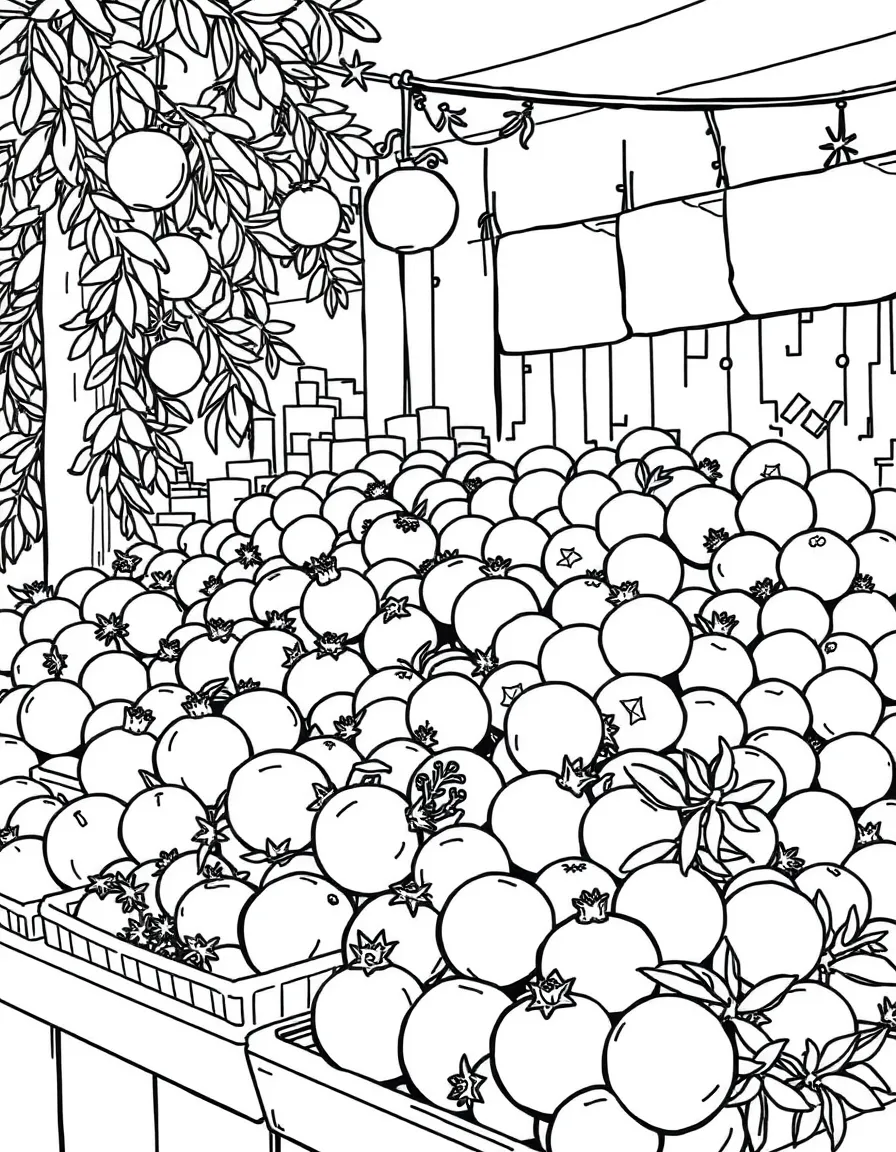 (Israel) A market stall in Jerusalem or Tel Aviv piled with fresh pomegranates and oranges