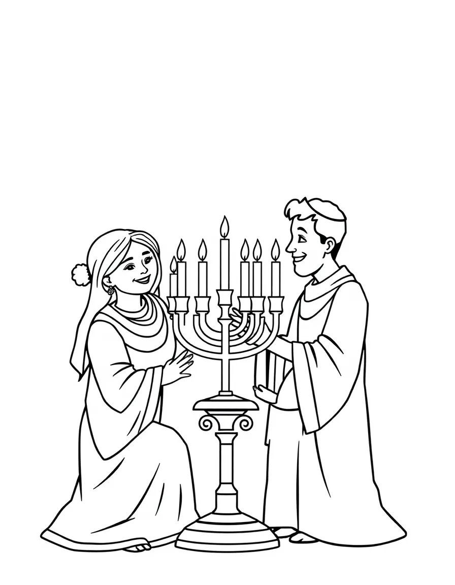 (Israel) A family lighting candles on a menorah (lamp) to celebrate Hanukkah