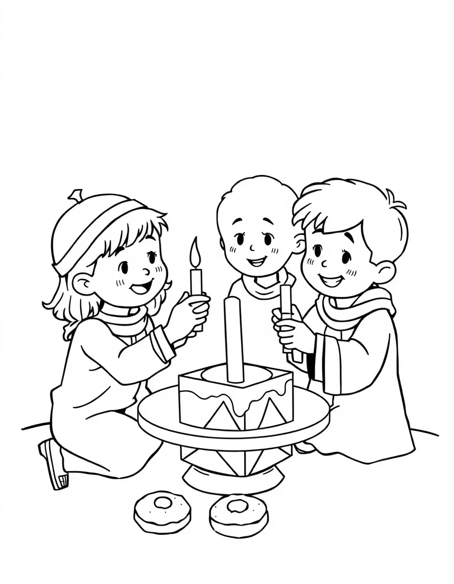 (Israel) Children spinning dreidels and eating sufganiyot (jelly donuts) during Hanukkah