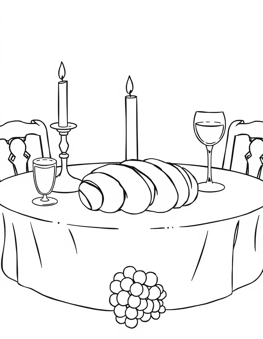 (Israel) A table with Shabbat challah bread (braided loaf), candles, and grape juice or wine