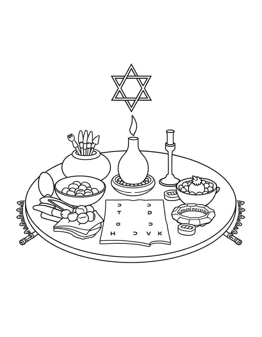 (Israel) A Seder plate with symbolic foods and matzah for the Passover celebration