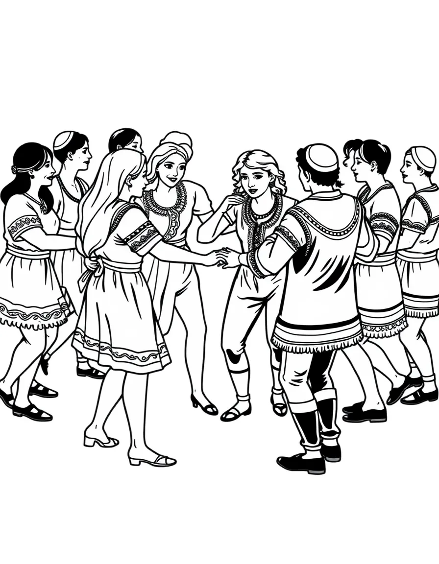 (Israel) An Israeli folk dance group holding hands in a circle dancing the Hora