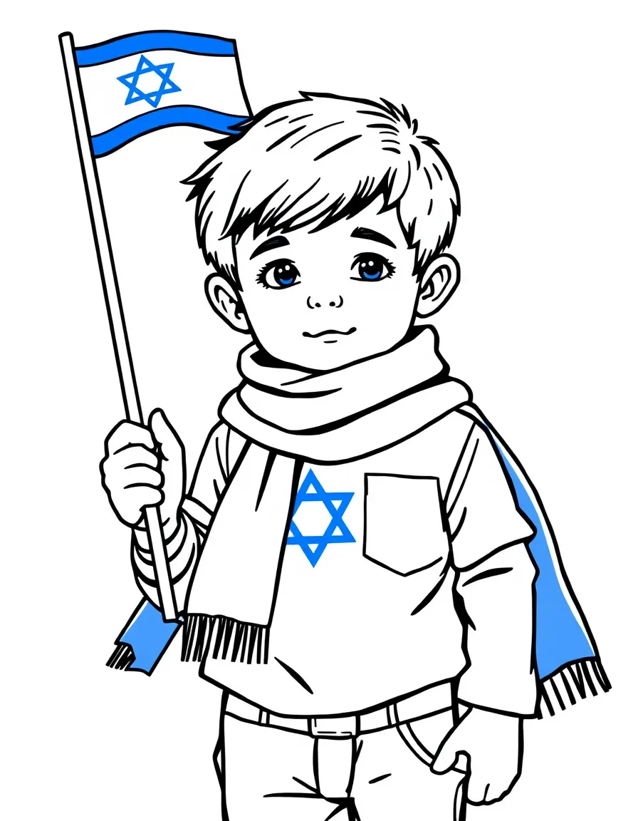 (Israel) A child in a white shirt and blue scarf holding an Israeli flag for Independence Day