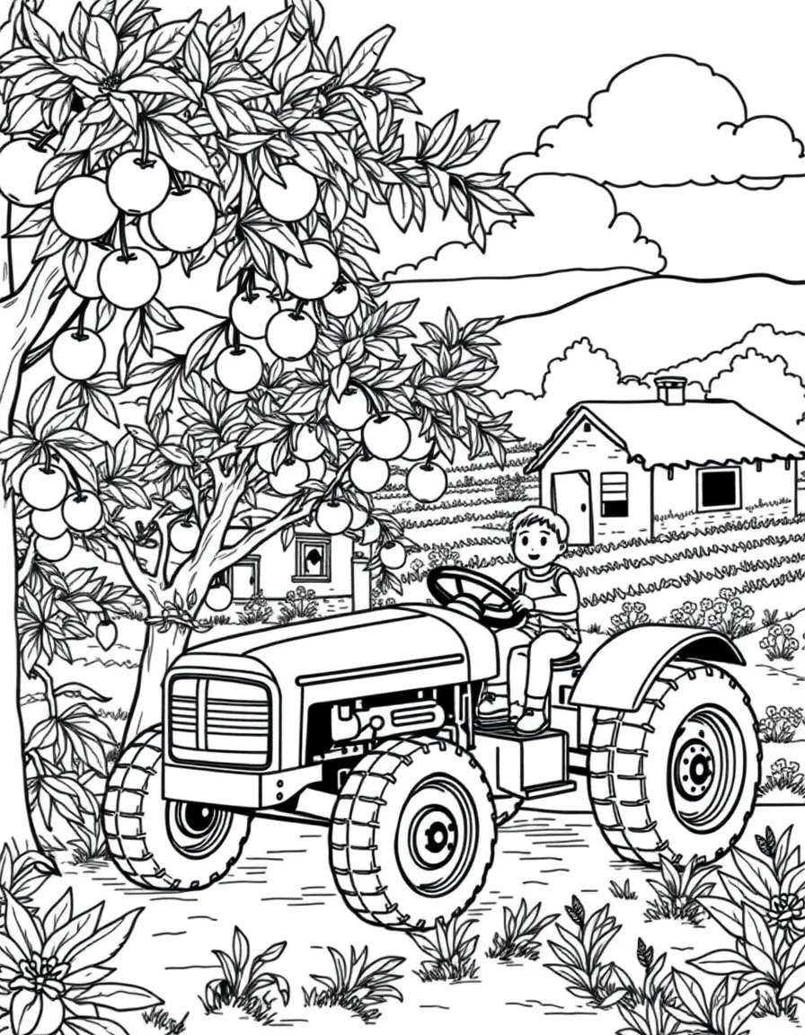 (Israel) A kibbutz farm scene with children picking oranges or riding on a tractor