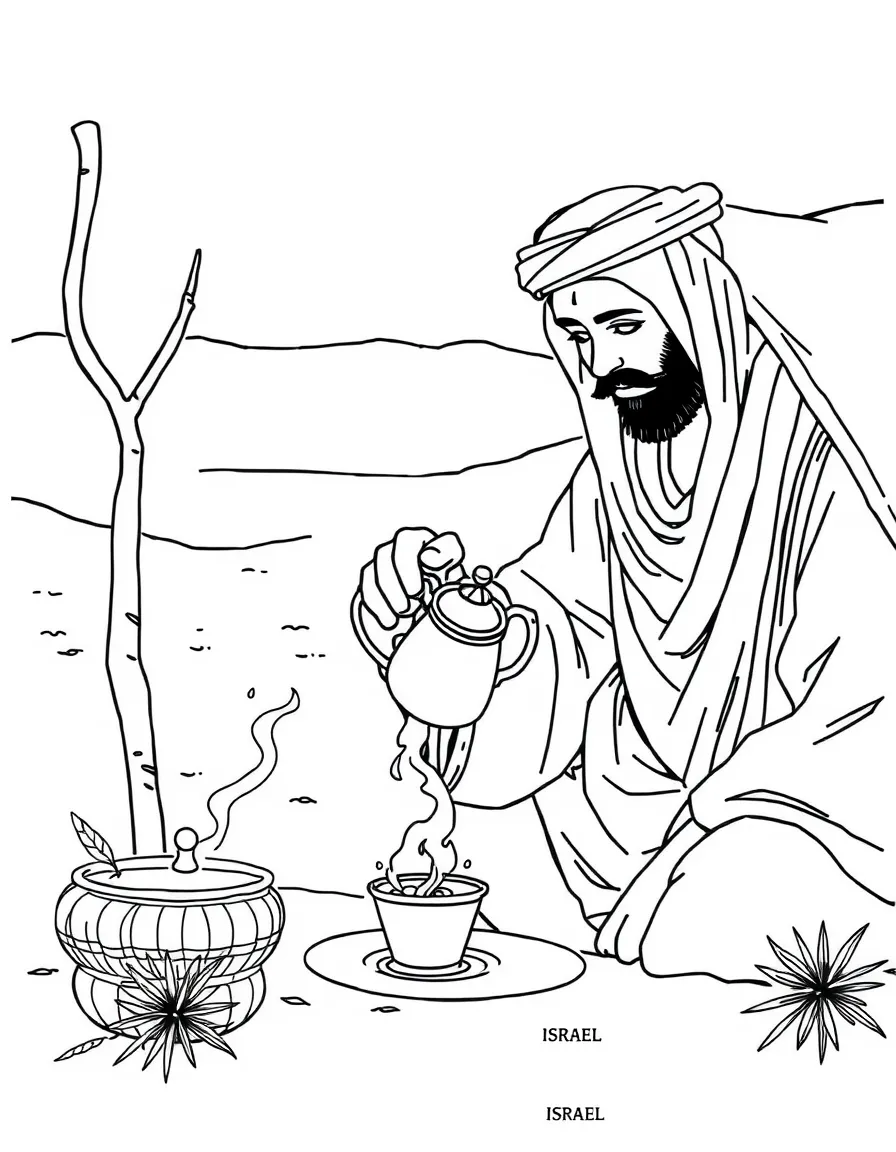 (Israel) A Bedouin man pouring traditional mint tea from a metal teapot in a desert camp