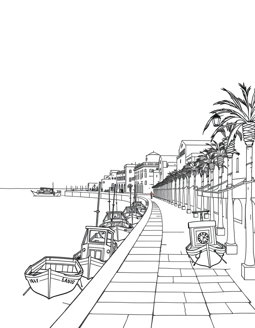 (Israel) The Tel Aviv-Jaffa promenade with old Jaffa clock tower and fishermen boats