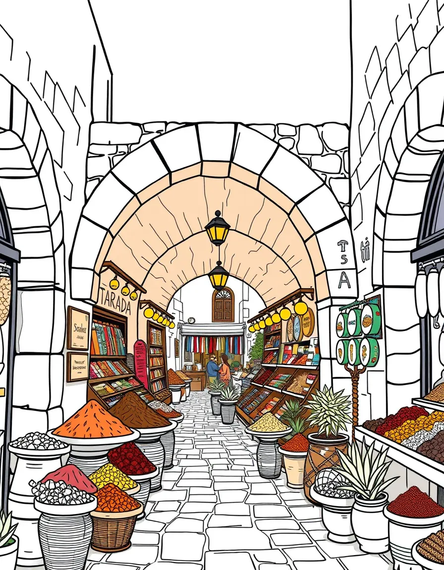 (Israel) The ancient stone archways of Akko (Acre) bazaar with colorful spices on display