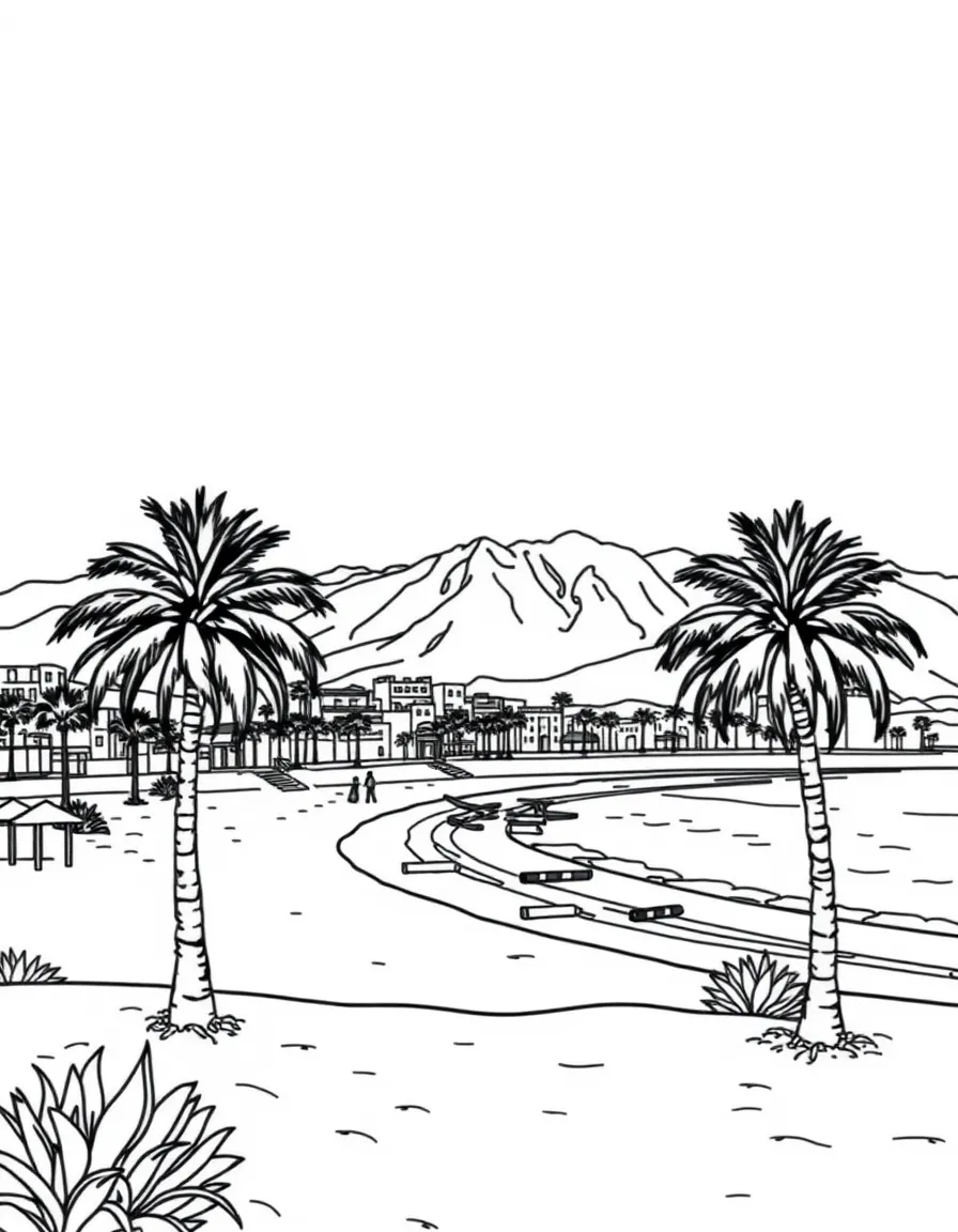(Israel) The city of Eilat with its beach, palm trees, and red mountains behind