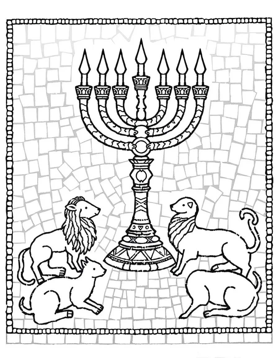 (Israel) A mosaic depicting a Menorah and animals (like an ancient synagogue floor mosaic)