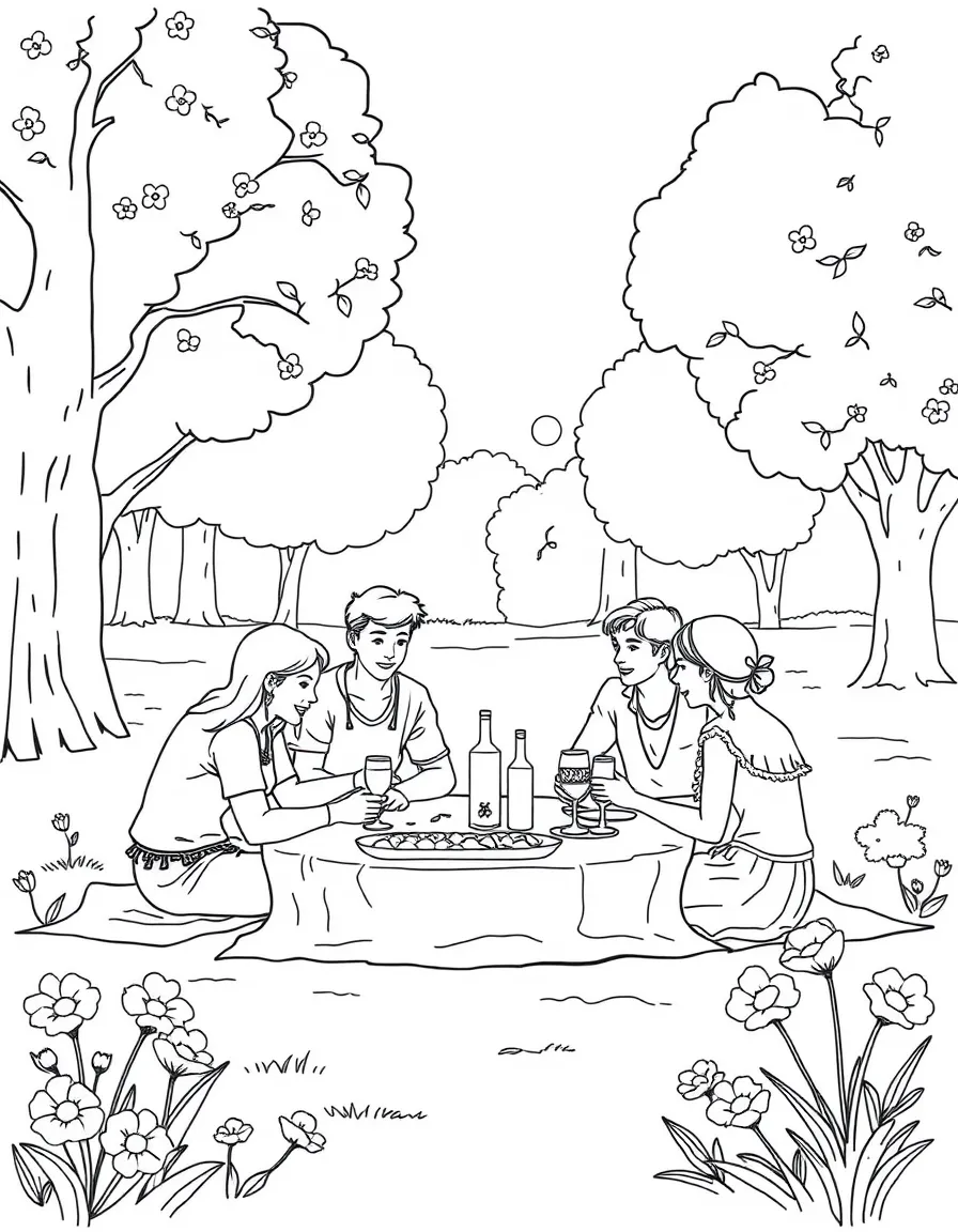 (Israel) A family having a picnic in a park during Passover, with spring flowers around