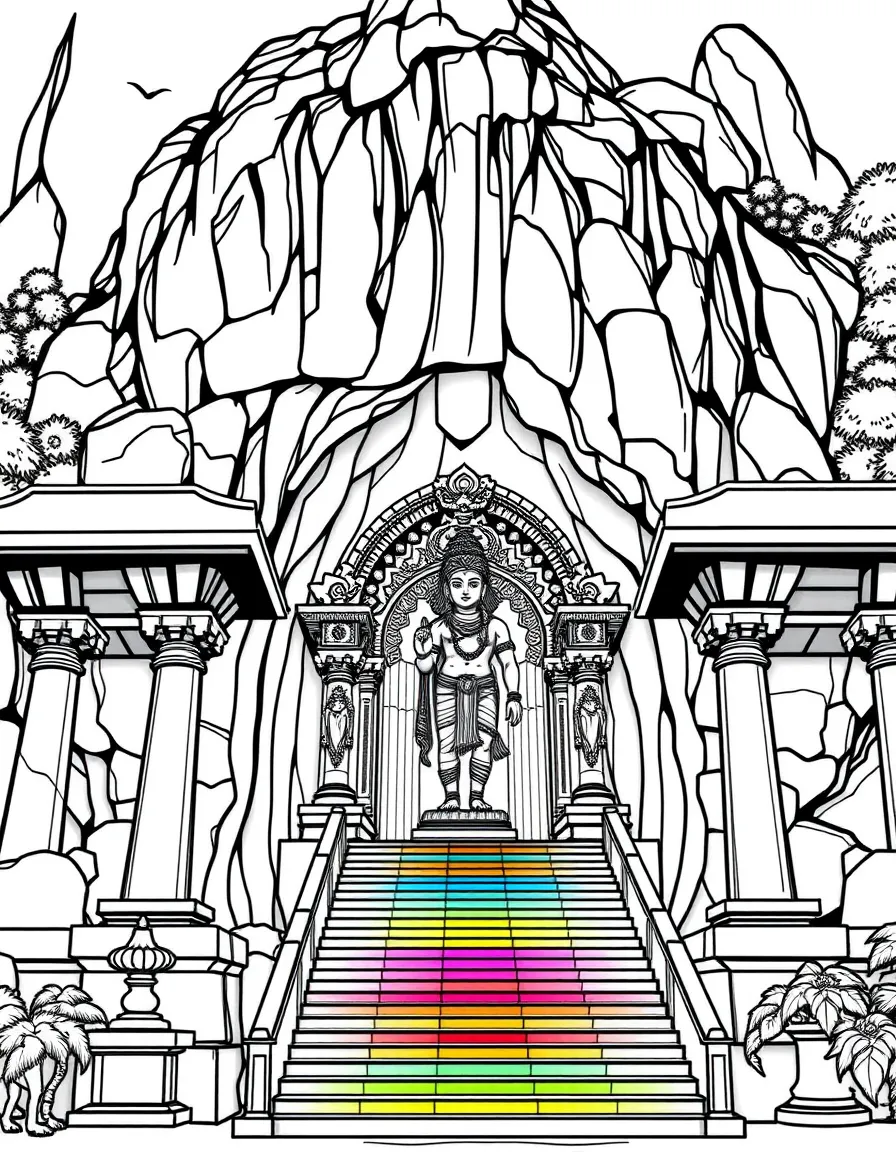 (Malaysia) The Batu Caves temple entrance with the tall golden Murugan statue and rainbow-colored stairway