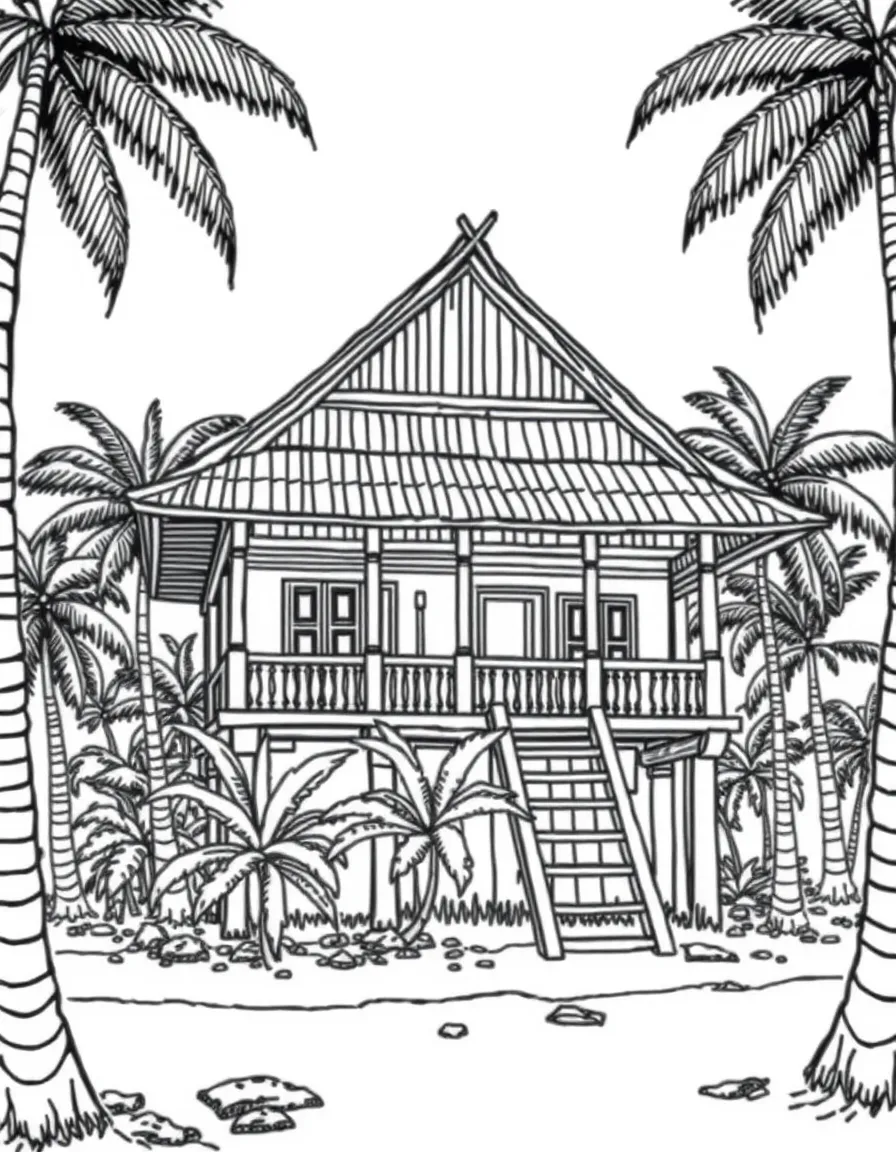 (Malaysia) A traditional Malay wooden stilt house in a village with coconut trees around