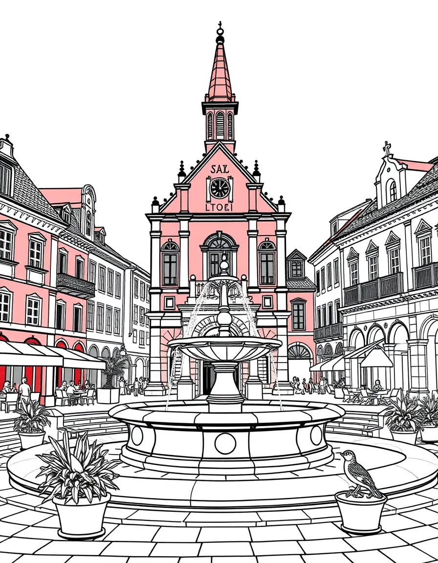 (Malaysia) The historic red buildings and fountain of Dutch Square in Malacca (Melaka)