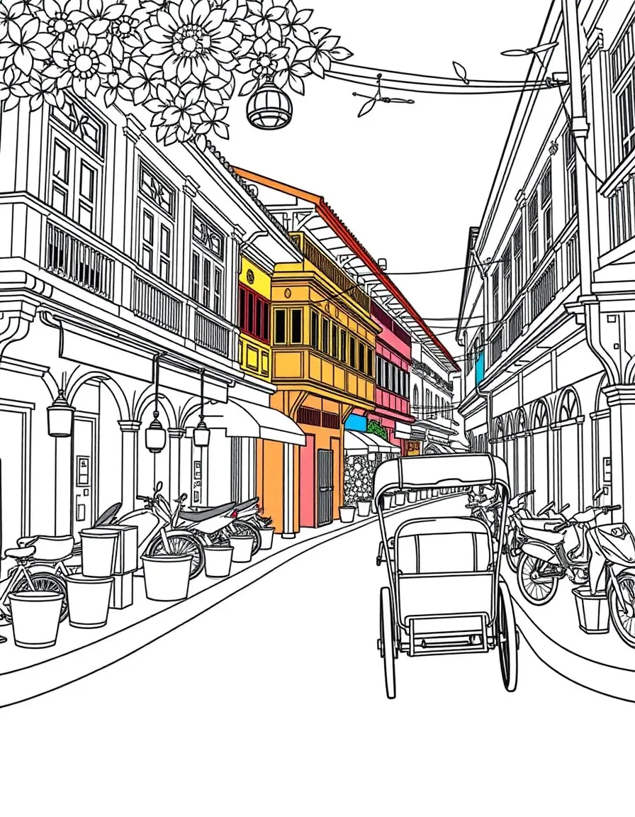 (Malaysia) A street in Penang’s George Town with colorful shophouses and a trishaw (cycle rickshaw)