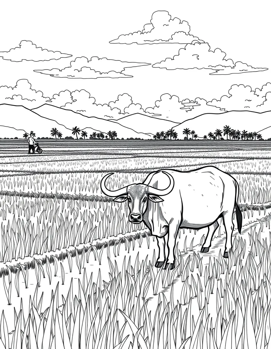 (Malaysia) A scenic rice paddy field in Malaysia with a farmer and a water buffalo (kerbau)