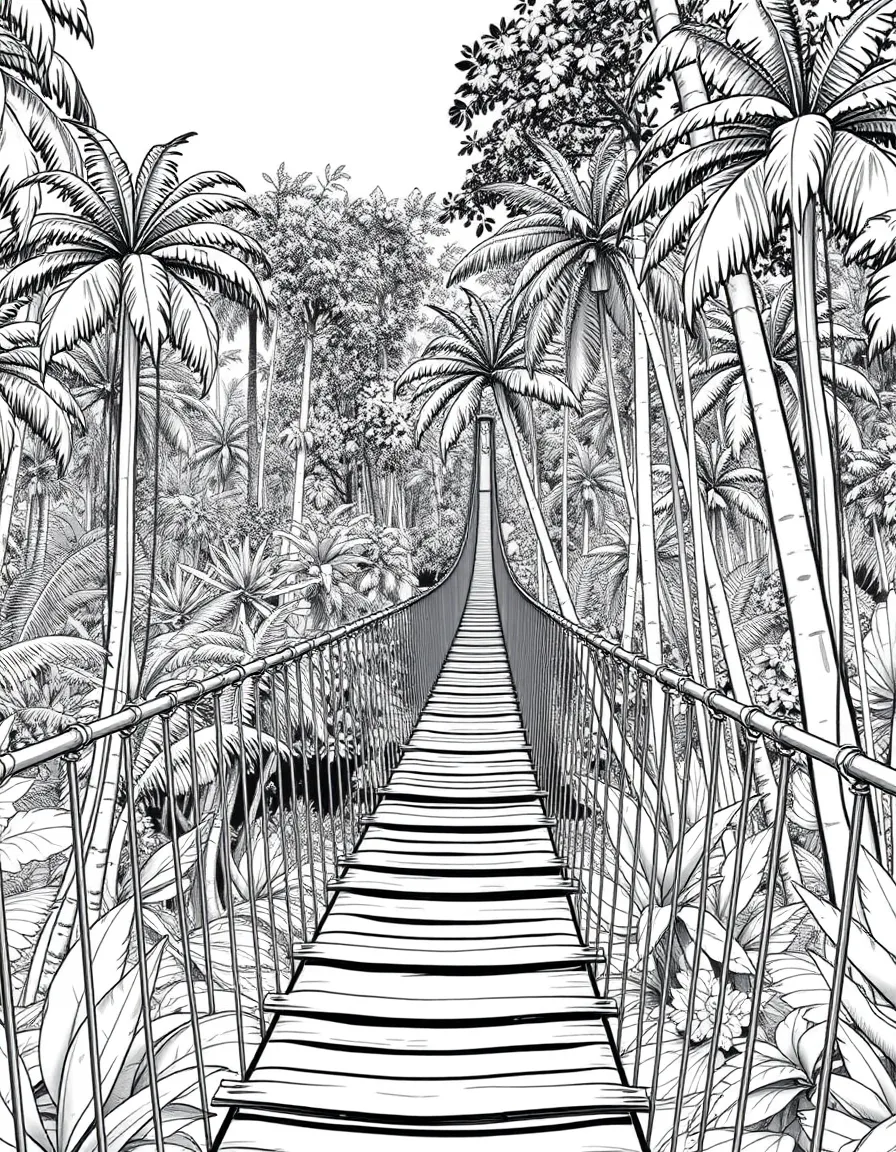 (Malaysia) A long wooden hanging bridge through the Taman Negara rainforest with tall trees