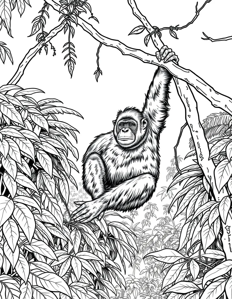 (Malaysia) An orangutan swinging from tree branches in a lush Borneo rainforest