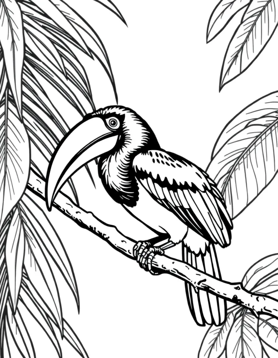 (Malaysia) A hornbill bird with a big colorful beak perched on a tropical tree branch
