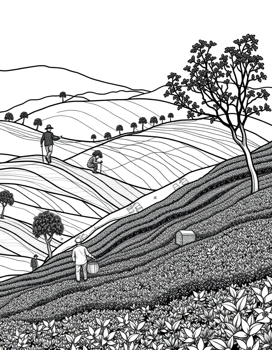 (Malaysia) Green tea plantations on rolling hills in the Cameron Highlands with pickers at work