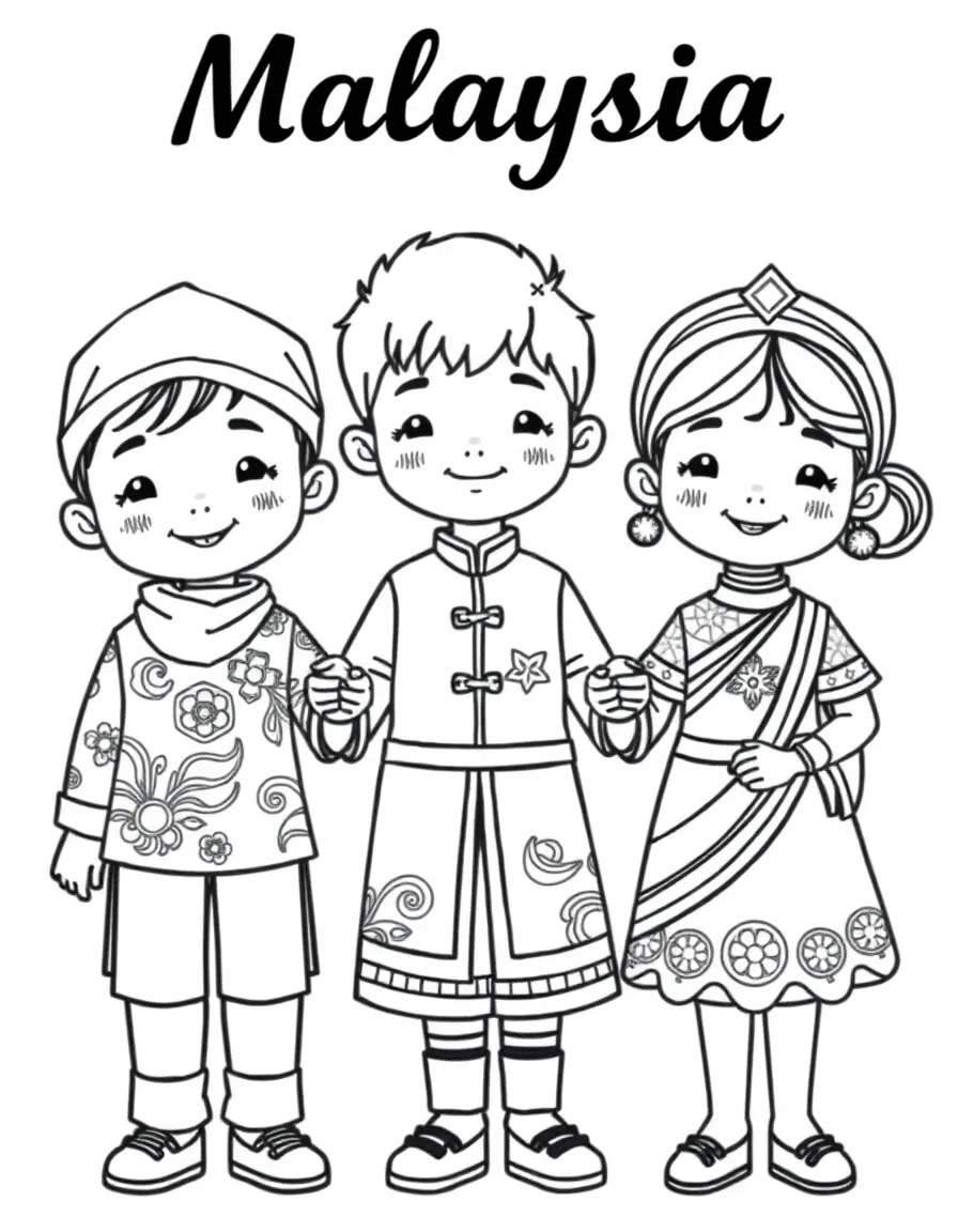 (Malaysia) Children of different cultures (Malay, Chinese, Indian) in Malaysia holding hands in traditional outfits