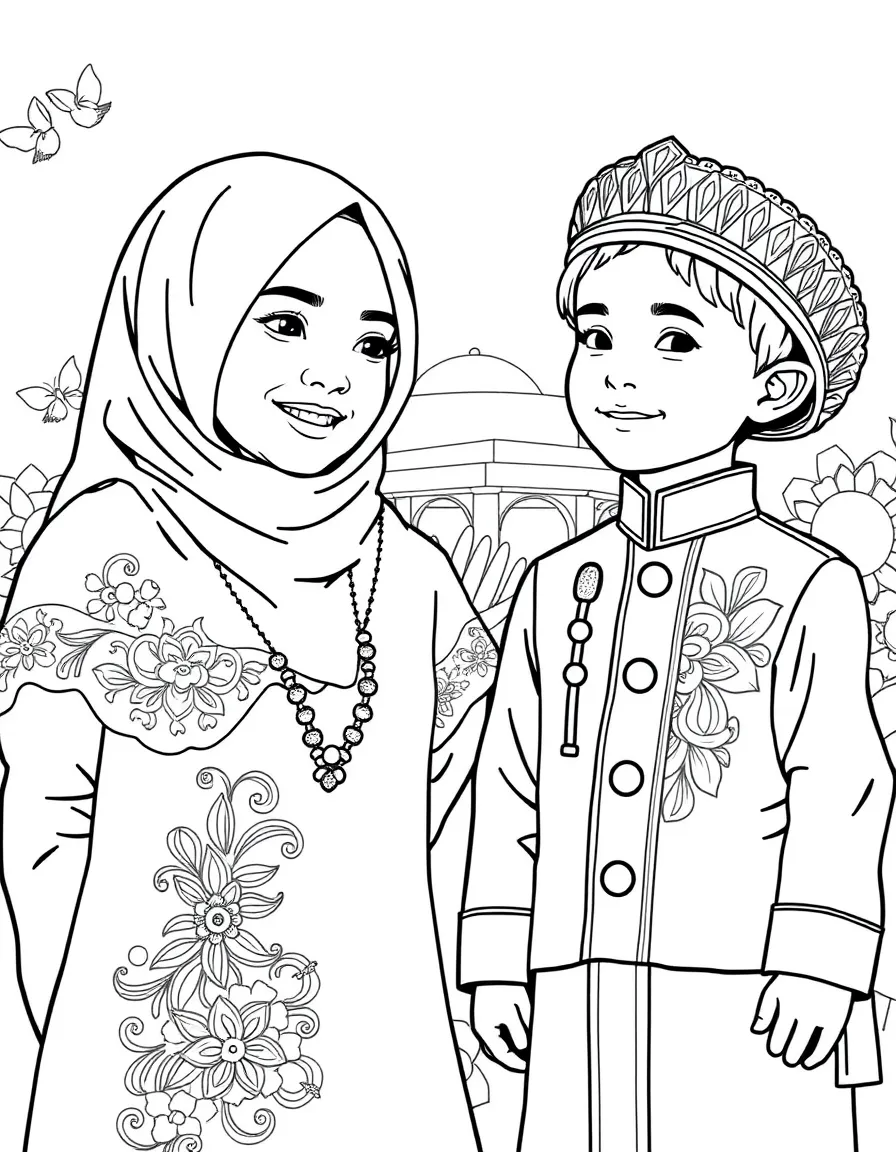 (Malaysia) A Malay girl wearing a baju kurung and a boy in a baju Melayu with songkok hat during a festival