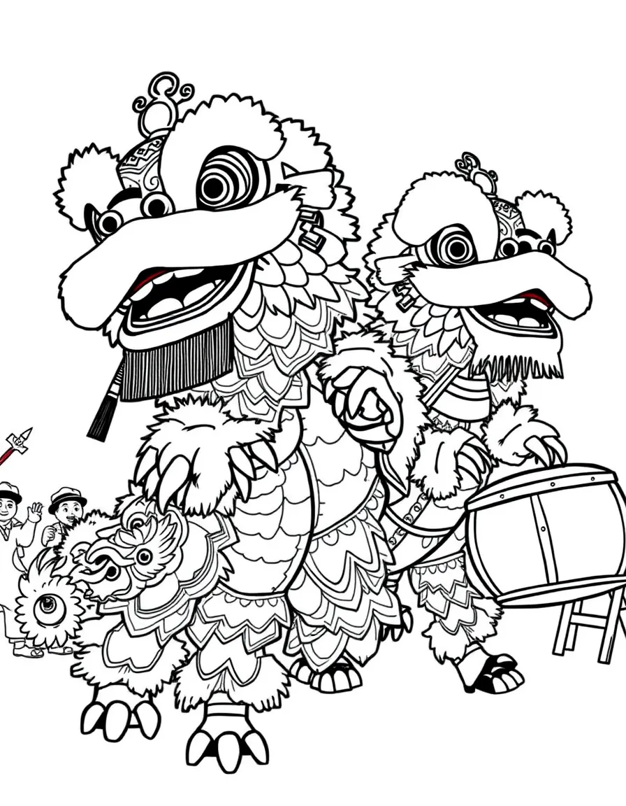 (Malaysia) Chinese New Year lion dancers in bright costumes prancing to the beat of drums