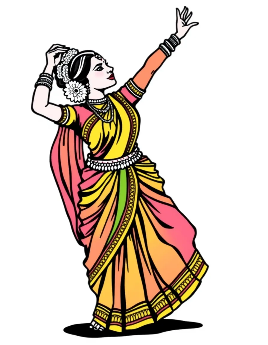 (Malaysia) An Indian dancer in a colorful sari performing a Bharatanatyam dance pose