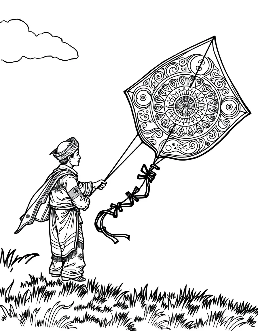 (Malaysia) A craftsman flying a giant Wau kite (traditional Malay moon-kite) decorated with patterns
