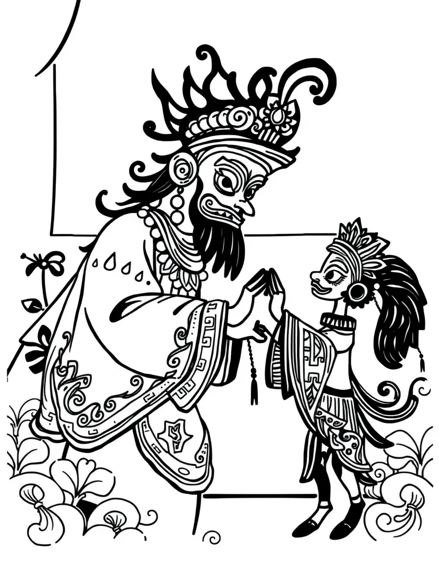 (Malaysia) A puppeteer performing with Wayang Kulit shadow puppets against a lit screen