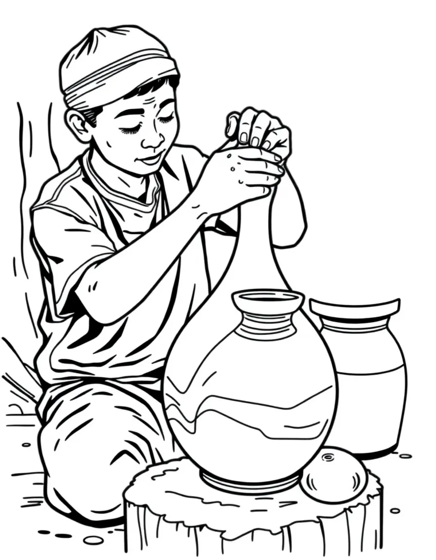 (Malaysia) A potter shaping clay to make a Labu Sayong (traditional gourd-shaped water pitcher)