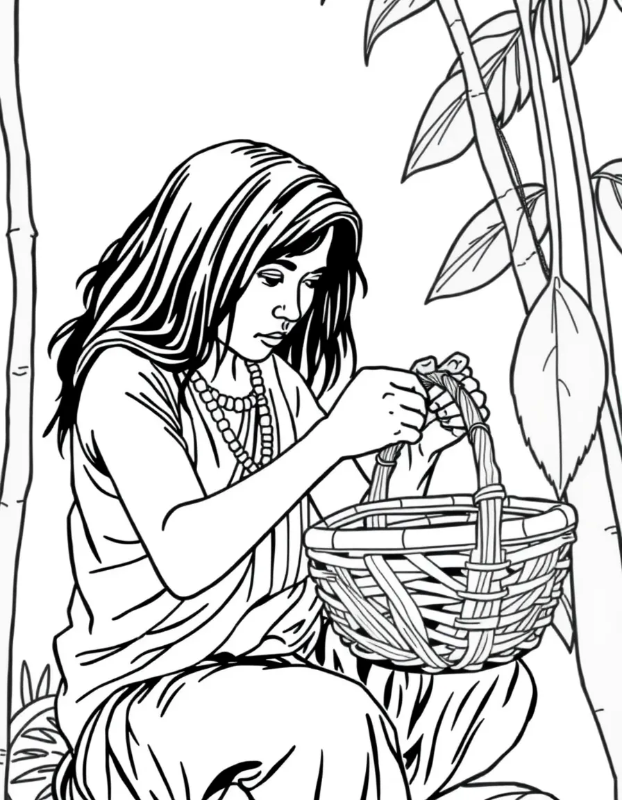 (Malaysia) An orang Asli (indigenous) weaver making a basket from rattan or pandan leaves