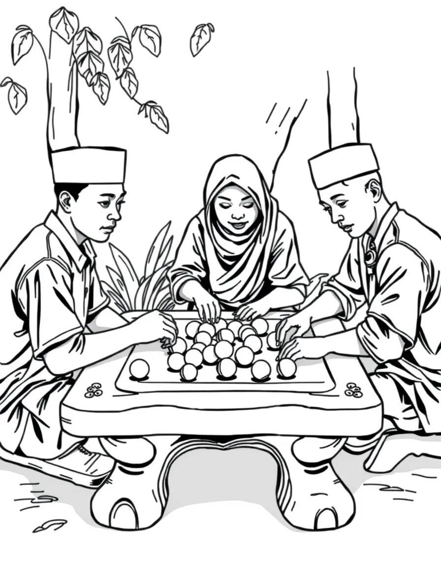 (Malaysia) A group of friends playing congkak (traditional Malay marble game) on a carved wooden board
