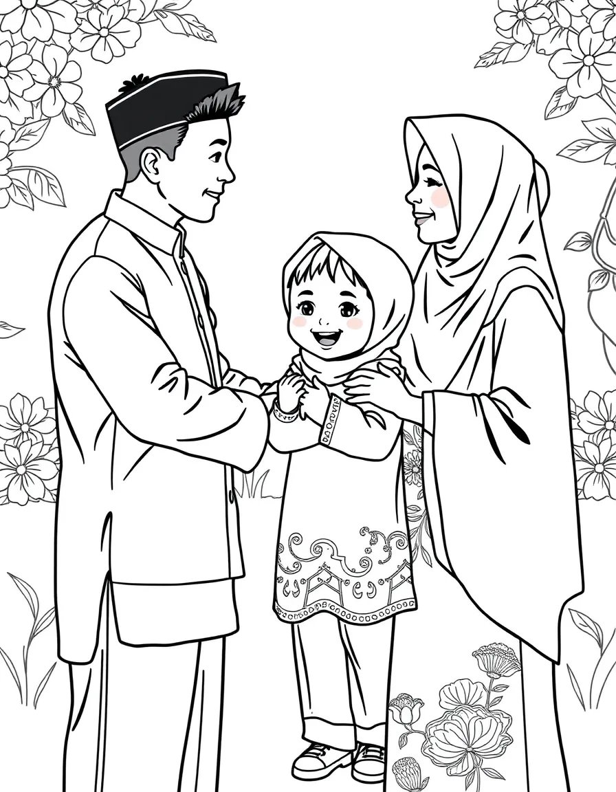 (Malaysia) Muslim family dressed in new clothes greeting each other on Hari Raya Aidilfitri (Eid) with a friendly hug