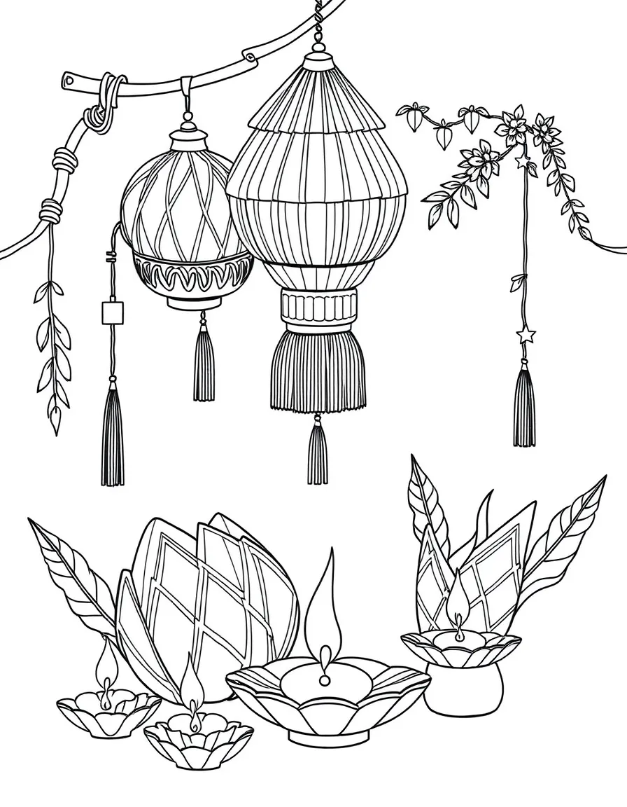 (Malaysia) Decorative ketupat (woven palm leaf rice parcels) and oil lamps for Hari Raya decorations