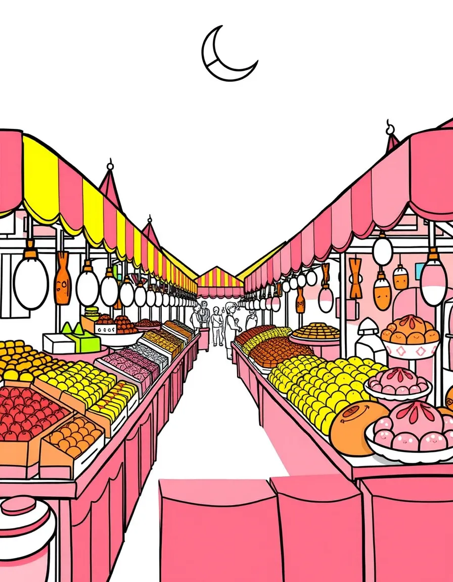 (Malaysia) Stalls at a Ramadan bazaar with colorful Malaysian kuih (sweet cakes) and treats